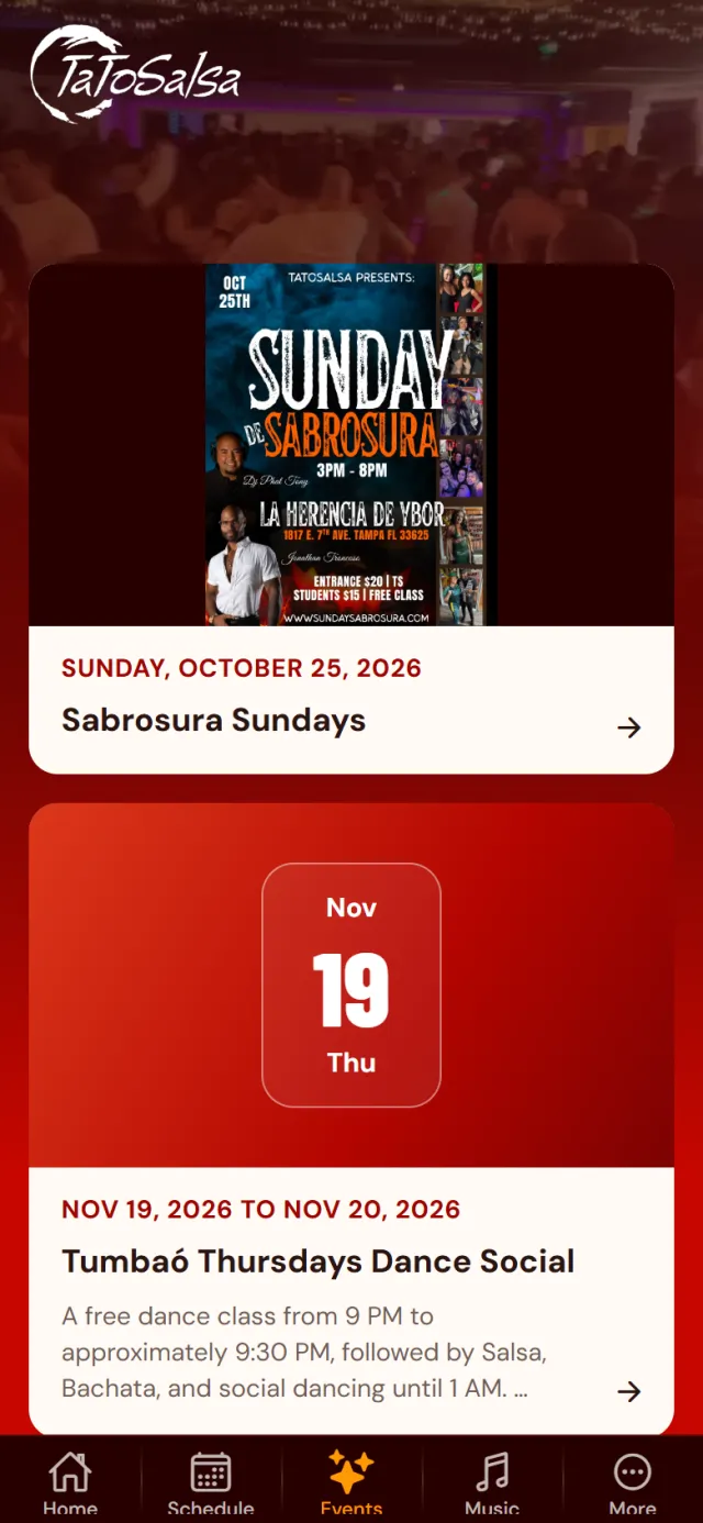 The app's Events screen showing Sunday de Sabrosura and Tumbao Thursday.