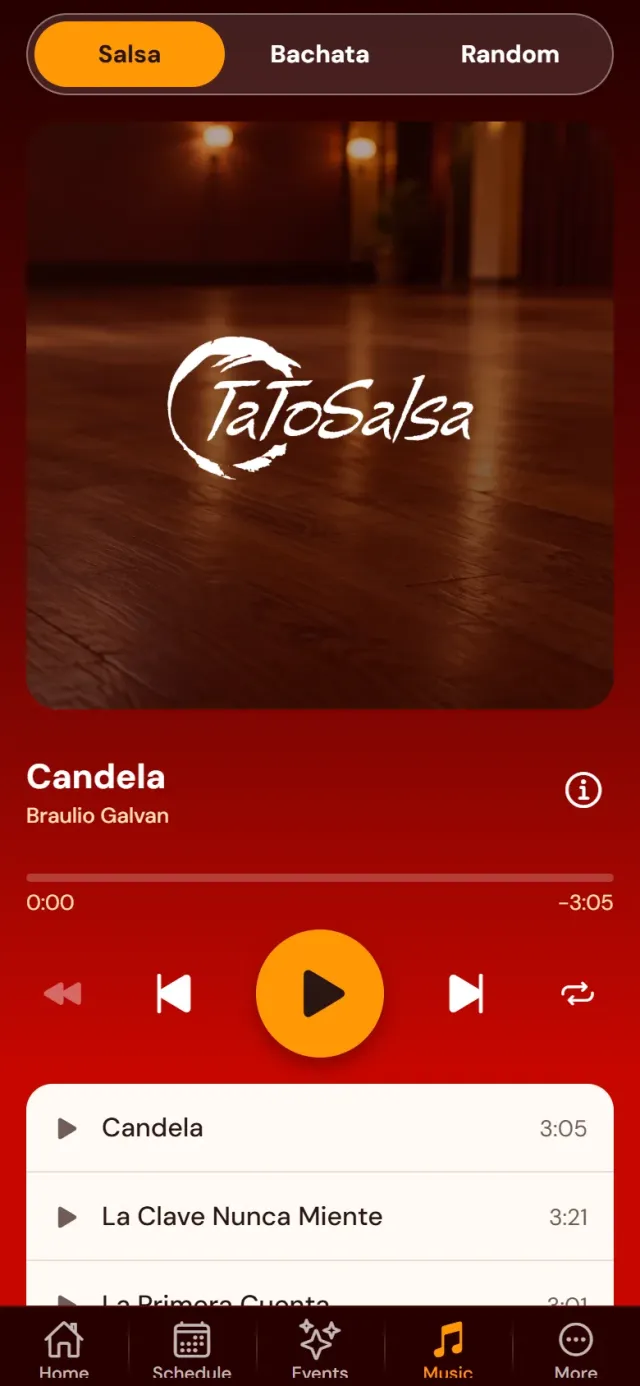 The app's Music player playing Candela by Braulio Galvan.