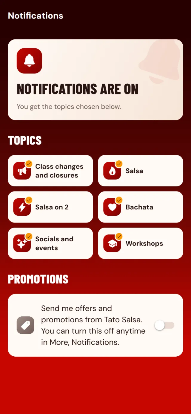The Notifications screen: notifications are on, with topics for class changes, Salsa, Salsa on 2, Bachata, socials and workshops.