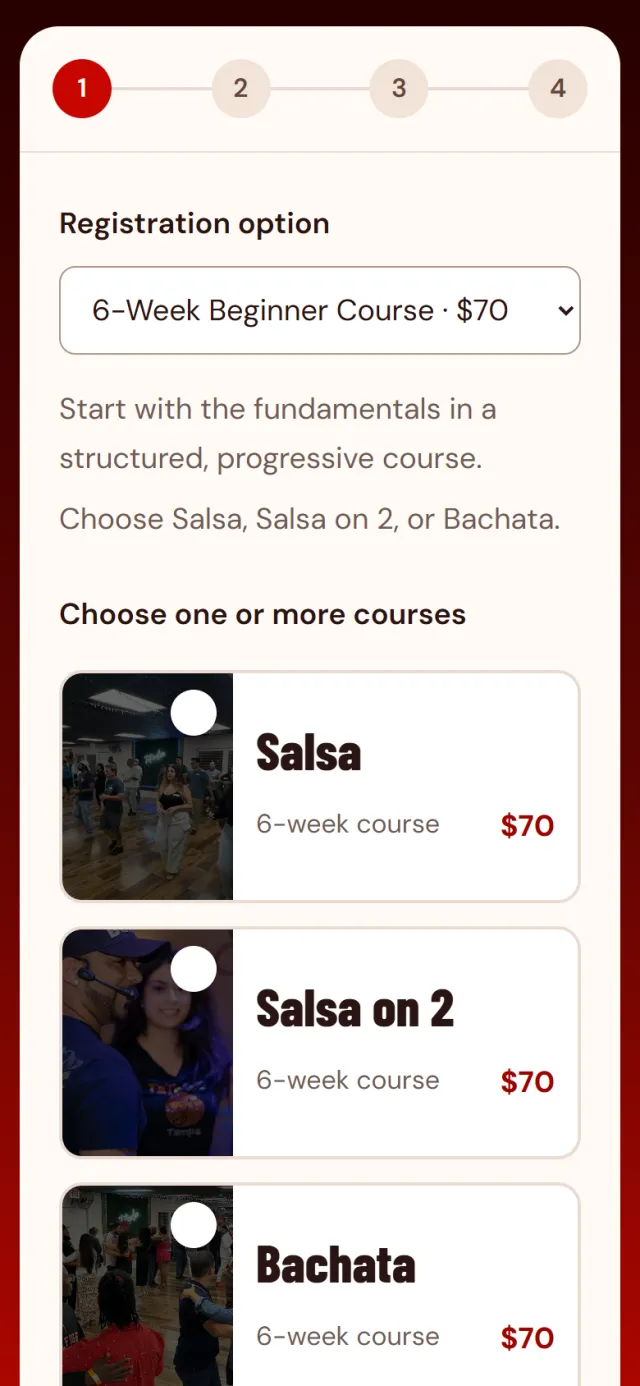 Registration in the app, choosing the 6-Week Beginner Course in Salsa, Salsa on 2 or Bachata.
