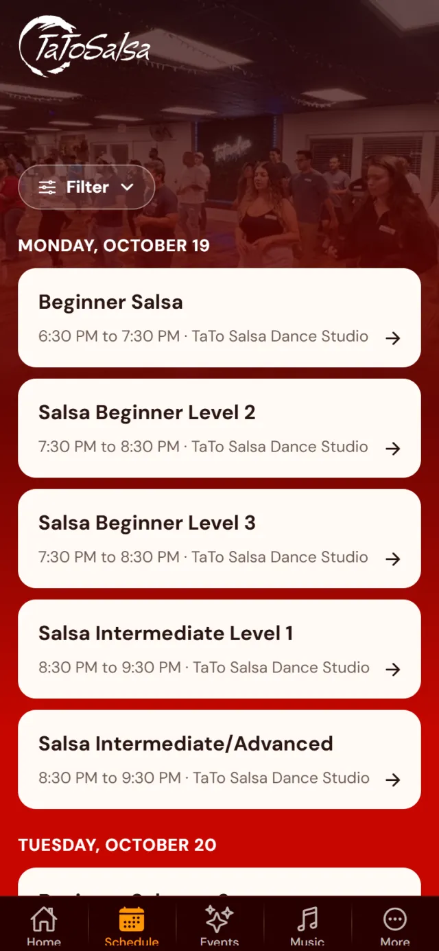 The Schedule screen listing Monday's Salsa classes with their times.