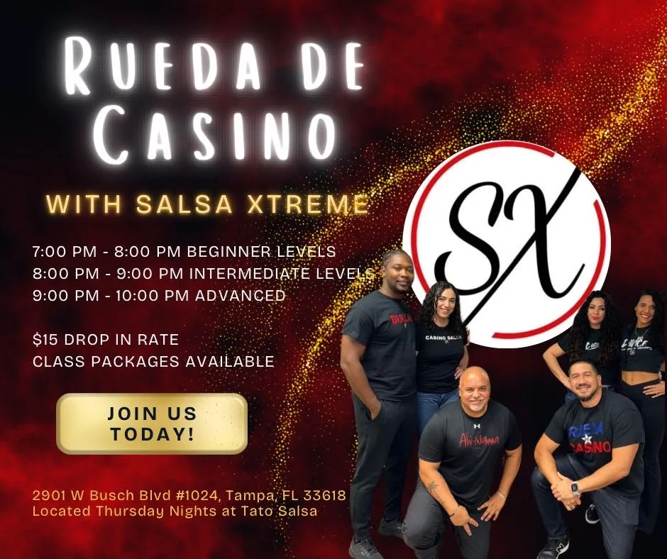 Rueda de Casino with Salsa Xtreme. Thursday class times and the drop-in rate are listed above.